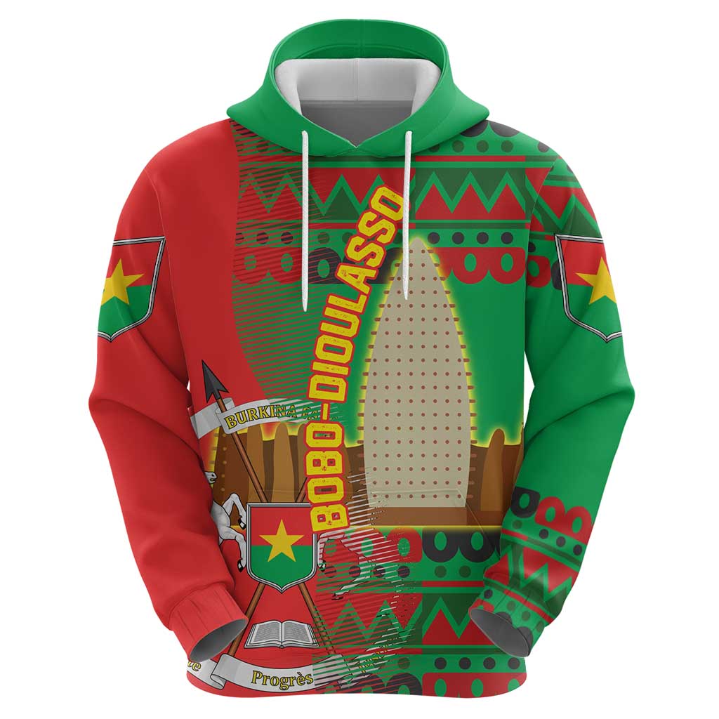 Burkina Faso Hoodie with Red Green Tribal Design and Bobo Dioulasso Landmark TS04