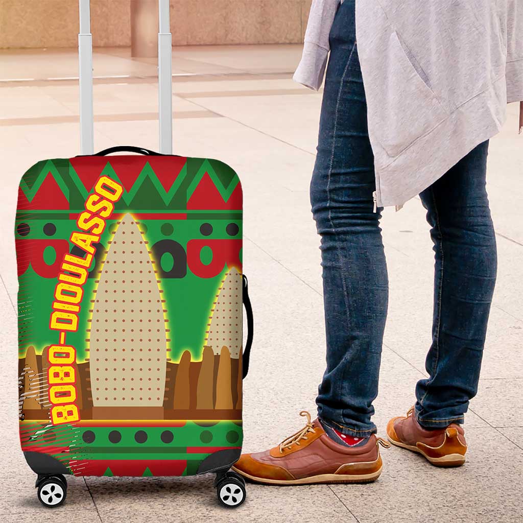 Burkina Faso Luggage Cover with Red Green Tribal Design and Bobo Dioulasso Landmark TS04