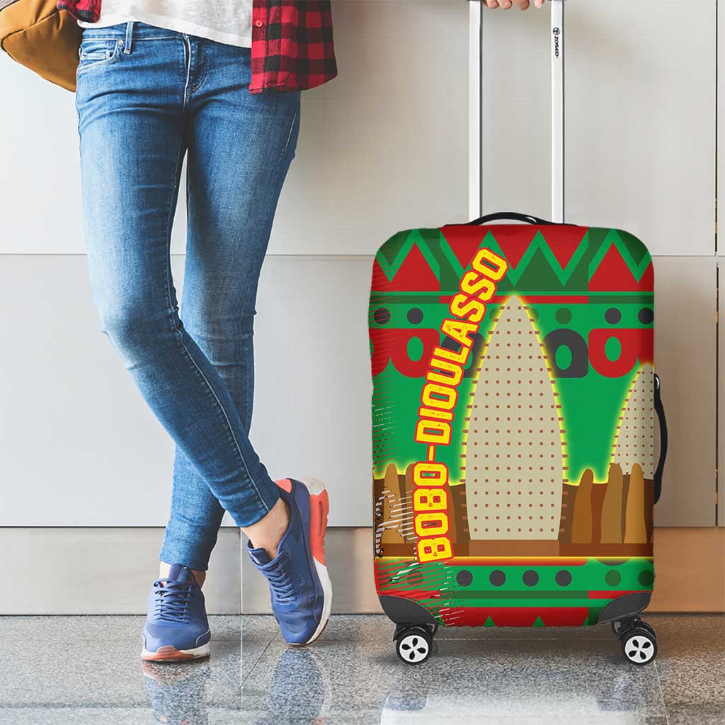 Burkina Faso Luggage Cover with Red Green Tribal Design and Bobo Dioulasso Landmark TS04