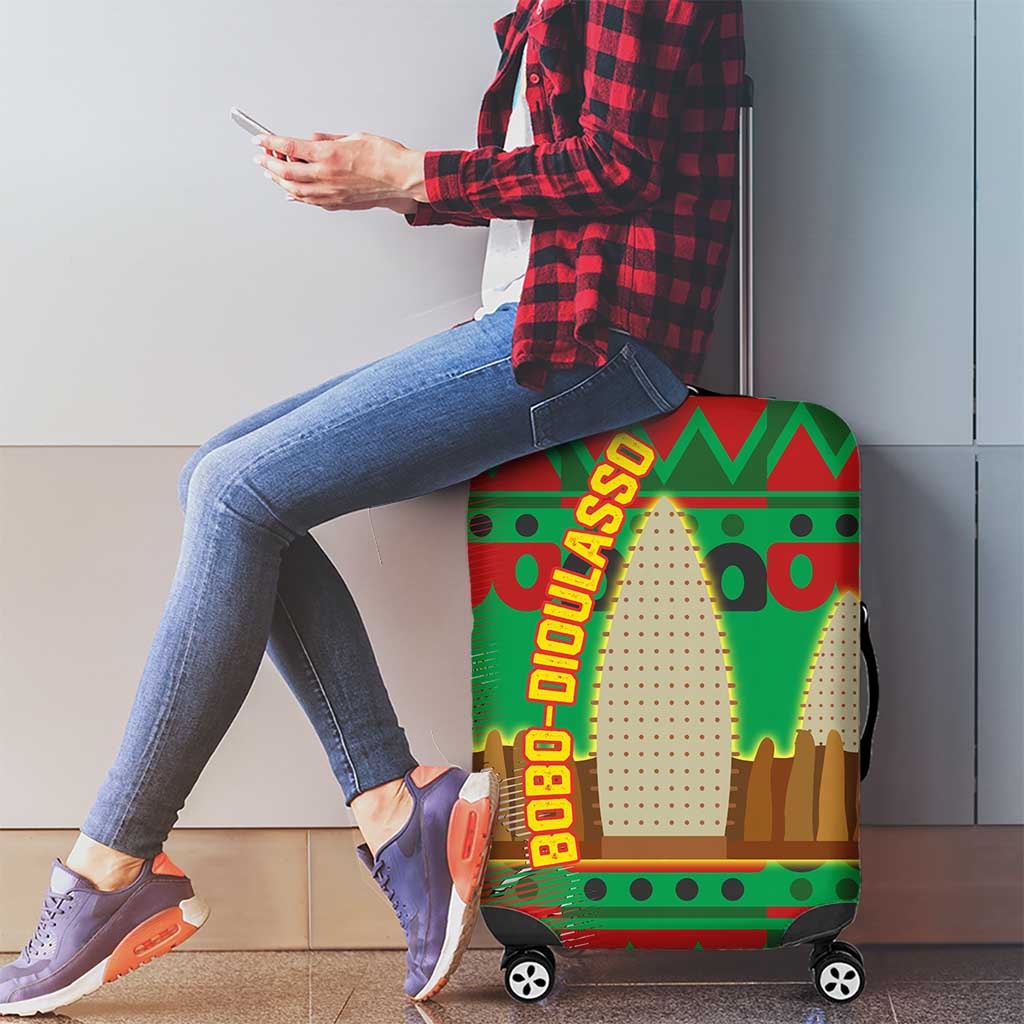 Burkina Faso Luggage Cover with Red Green Tribal Design and Bobo Dioulasso Landmark TS04