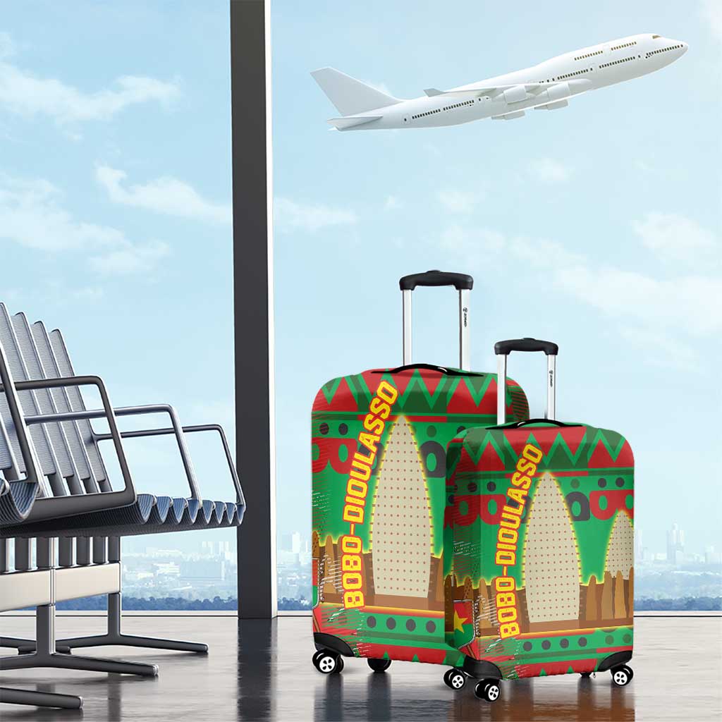 Burkina Faso Luggage Cover with Red Green Tribal Design and Bobo Dioulasso Landmark TS04