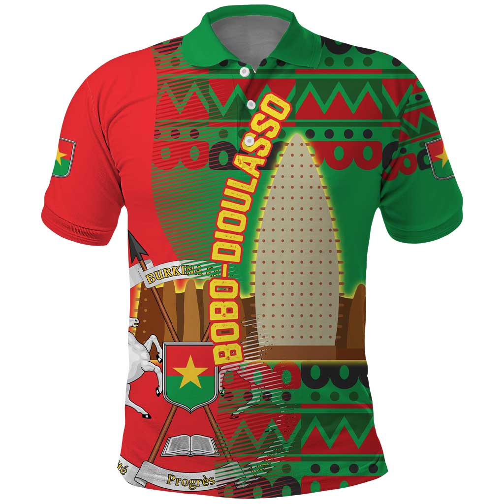 Burkina Faso Polo Shirt with Red Green Tribal Design and Bobo Dioulasso Landmark TS04