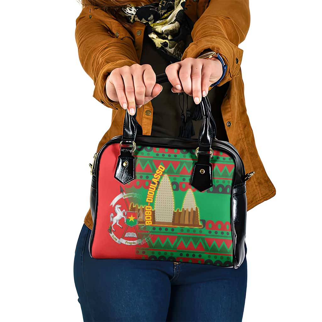 Burkina Faso Shoulder Handbag with Red Green Tribal Design and Bobo Dioulasso Landmark TS04