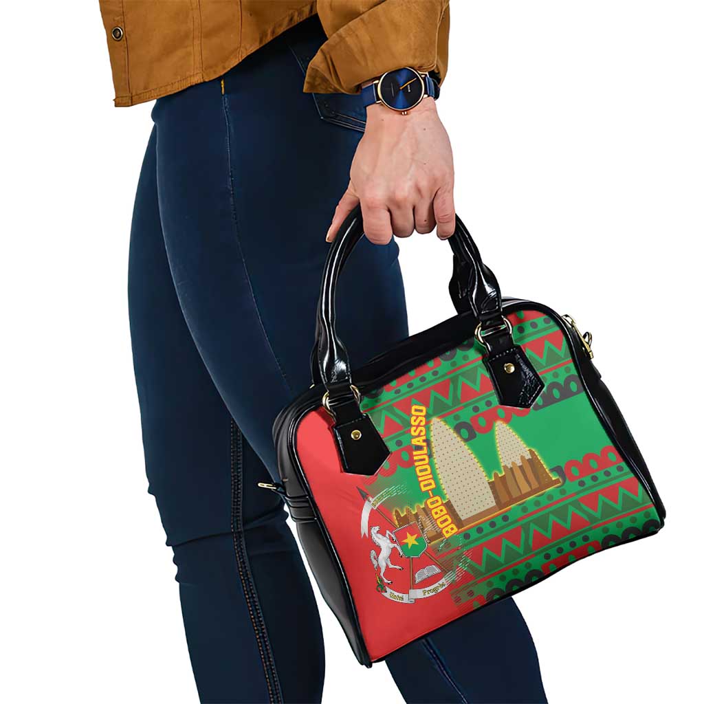 Burkina Faso Shoulder Handbag with Red Green Tribal Design and Bobo Dioulasso Landmark TS04