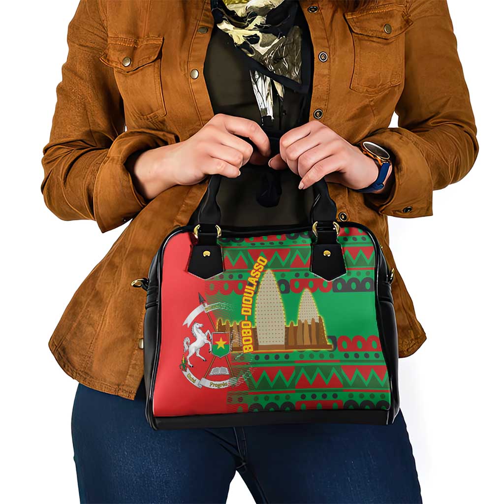 Burkina Faso Shoulder Handbag with Red Green Tribal Design and Bobo Dioulasso Landmark TS04