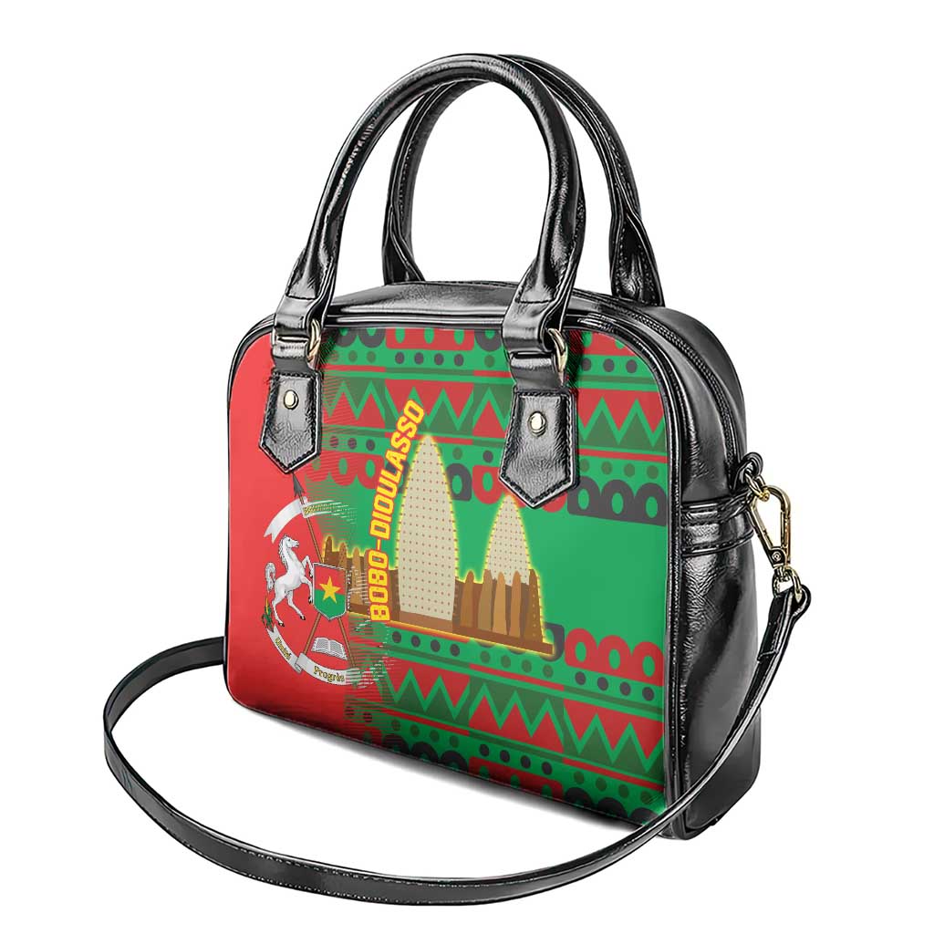 Burkina Faso Shoulder Handbag with Red Green Tribal Design and Bobo Dioulasso Landmark TS04