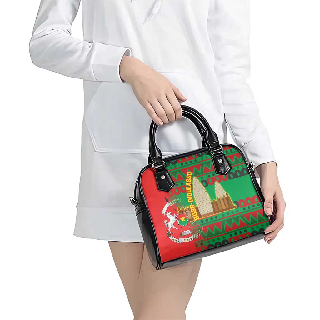 Burkina Faso Shoulder Handbag with Red Green Tribal Design and Bobo Dioulasso Landmark TS04
