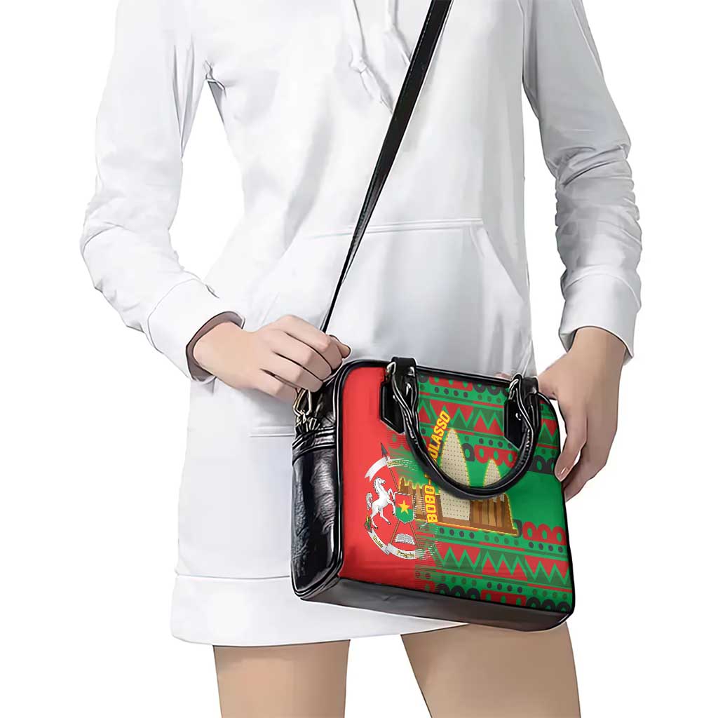 Burkina Faso Shoulder Handbag with Red Green Tribal Design and Bobo Dioulasso Landmark TS04