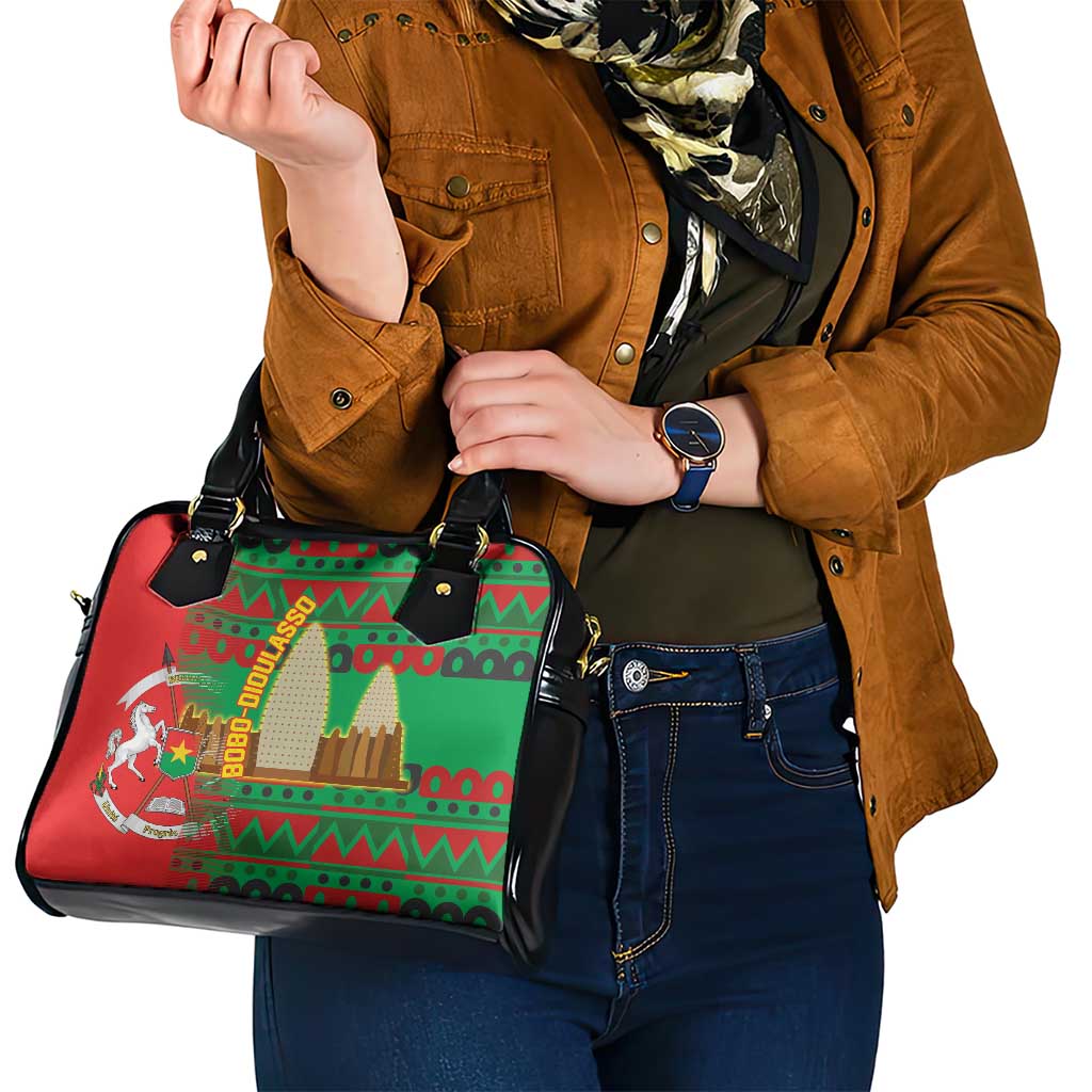 Burkina Faso Shoulder Handbag with Red Green Tribal Design and Bobo Dioulasso Landmark TS04