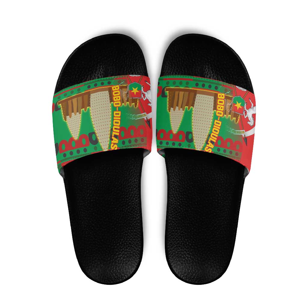 Burkina Faso Slide Sandals with Red Green Tribal Design and Bobo Dioulasso Landmark TS04