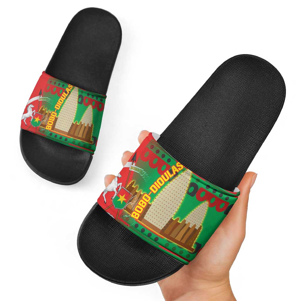 Burkina Faso Slide Sandals with Red Green Tribal Design and Bobo Dioulasso Landmark TS04