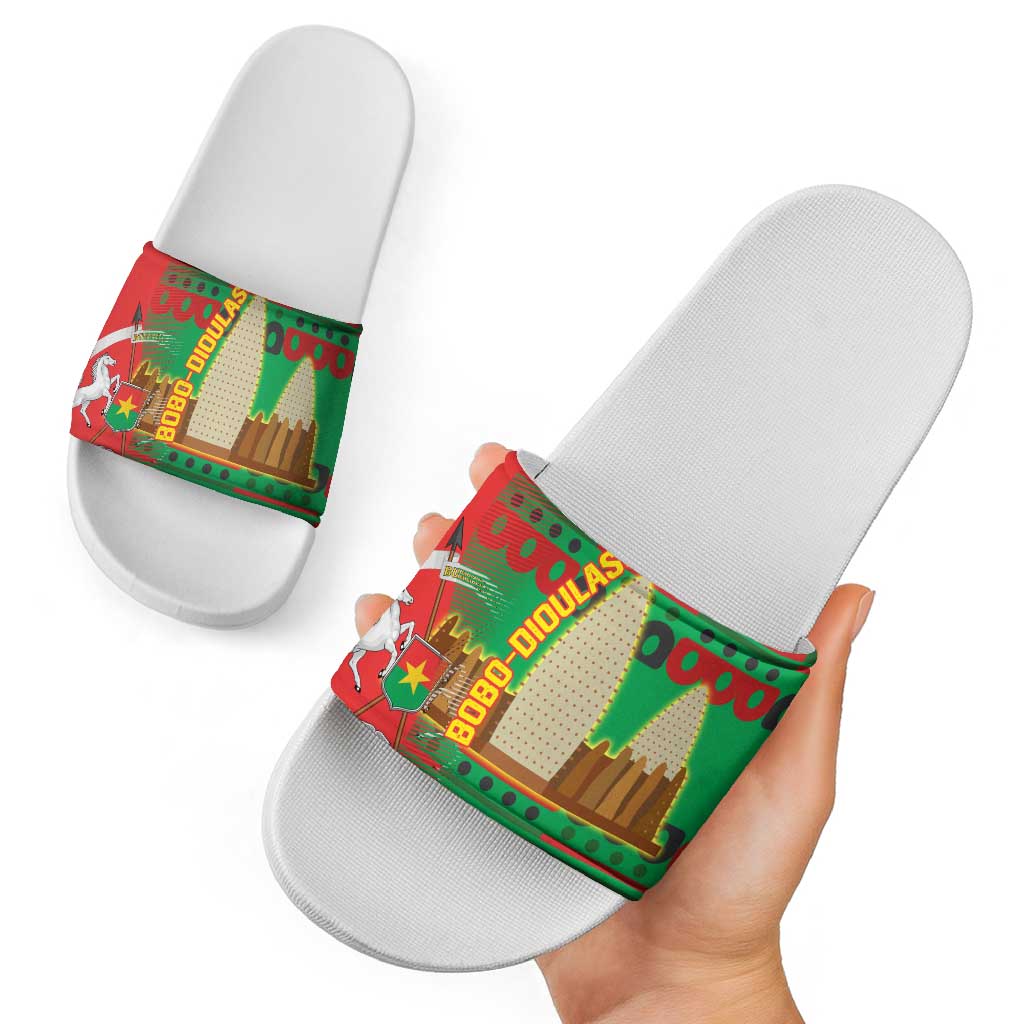 Burkina Faso Slide Sandals with Red Green Tribal Design and Bobo Dioulasso Landmark TS04