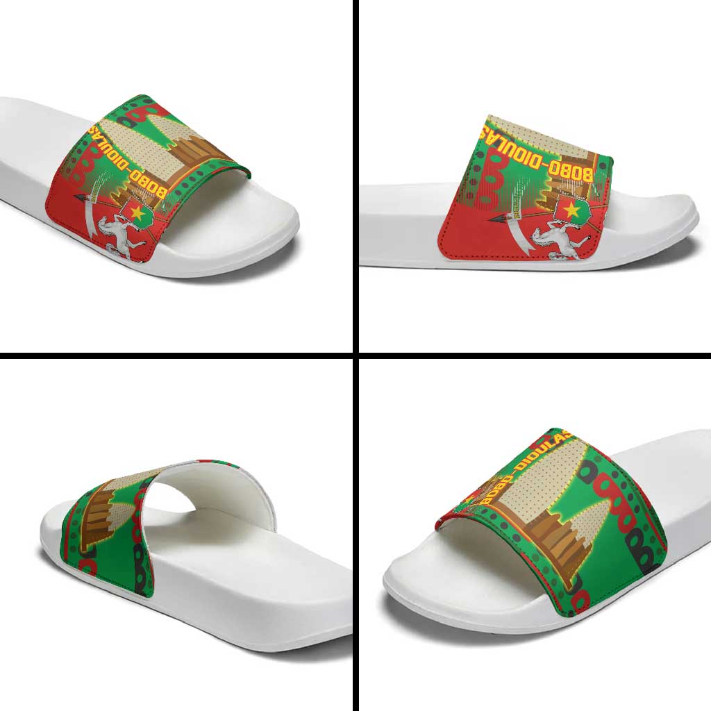 Burkina Faso Slide Sandals with Red Green Tribal Design and Bobo Dioulasso Landmark TS04