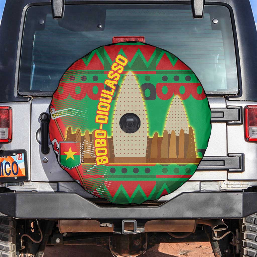 Burkina Faso Spare Tire Cover with Red Green Tribal Design and Bobo Dioulasso Landmark TS04
