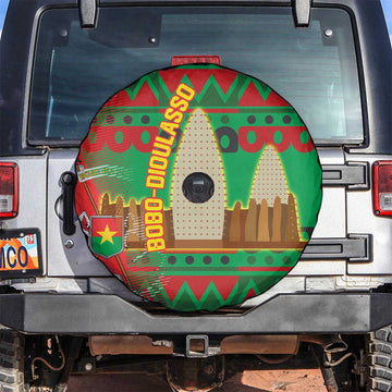 Burkina Faso Spare Tire Cover with Red Green Tribal Design and Bobo Dioulasso Landmark TS04