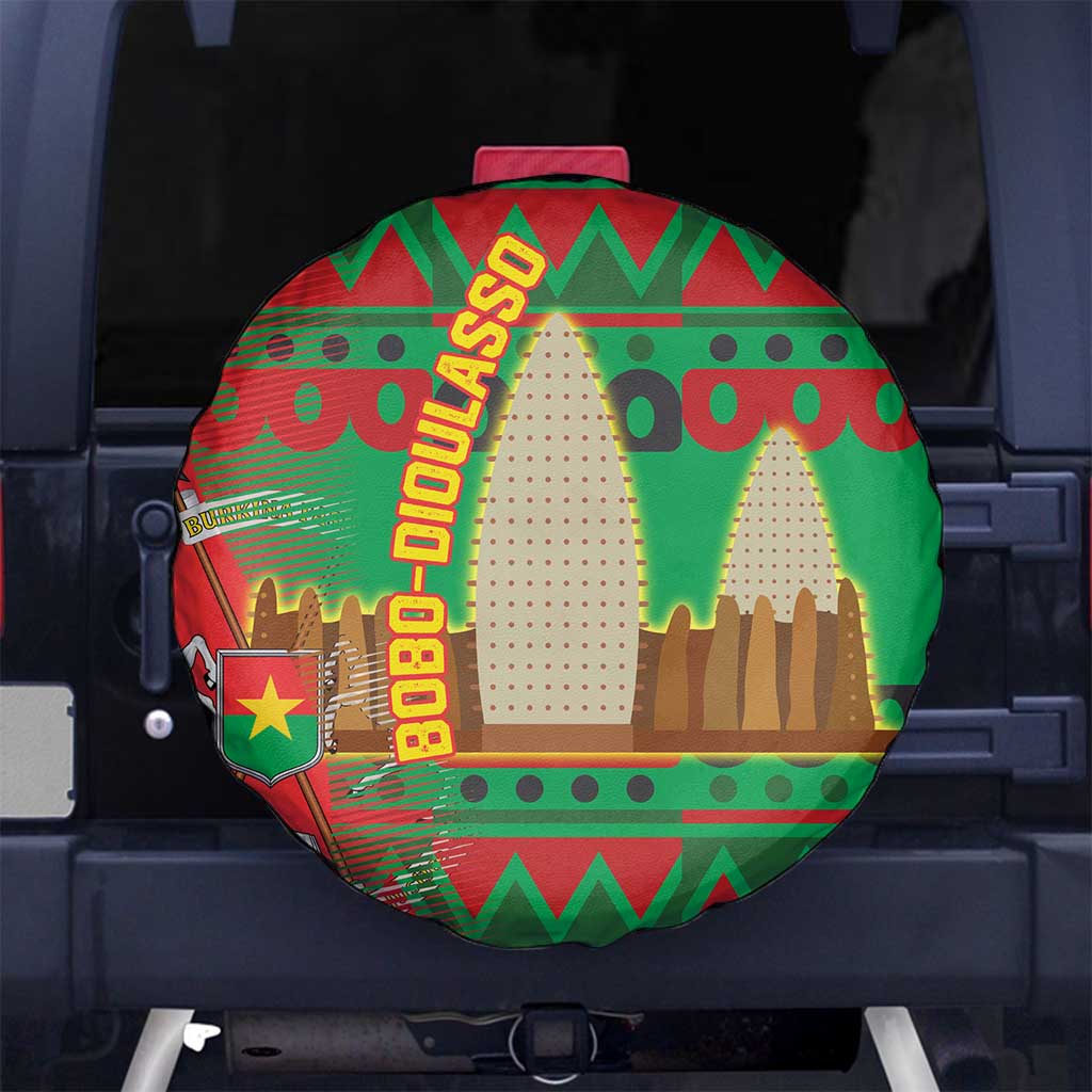 Burkina Faso Spare Tire Cover with Red Green Tribal Design and Bobo Dioulasso Landmark TS04