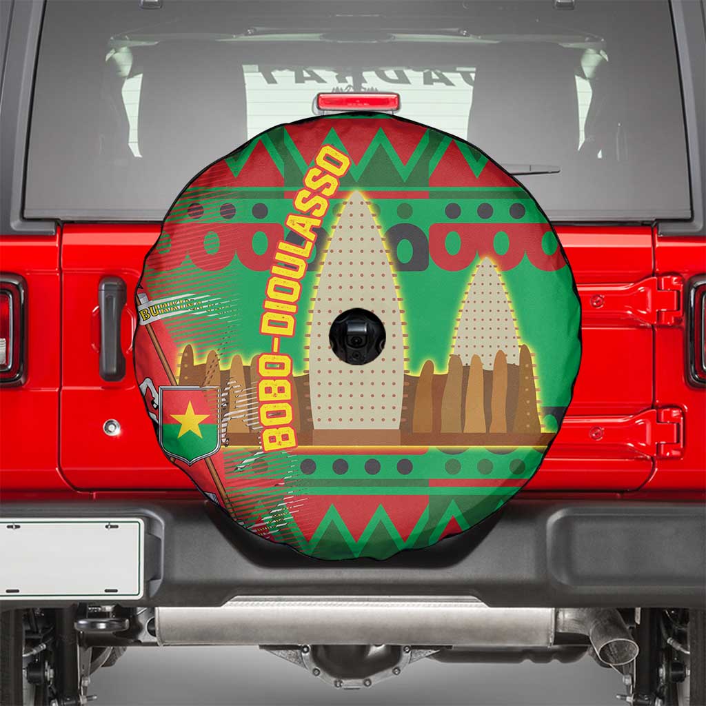 Burkina Faso Spare Tire Cover with Red Green Tribal Design and Bobo Dioulasso Landmark TS04