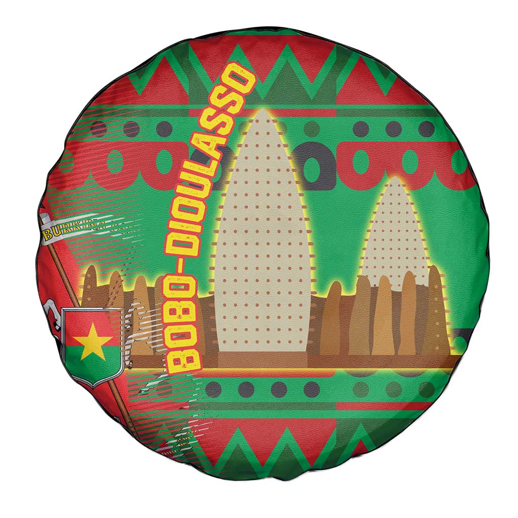 Burkina Faso Spare Tire Cover with Red Green Tribal Design and Bobo Dioulasso Landmark TS04