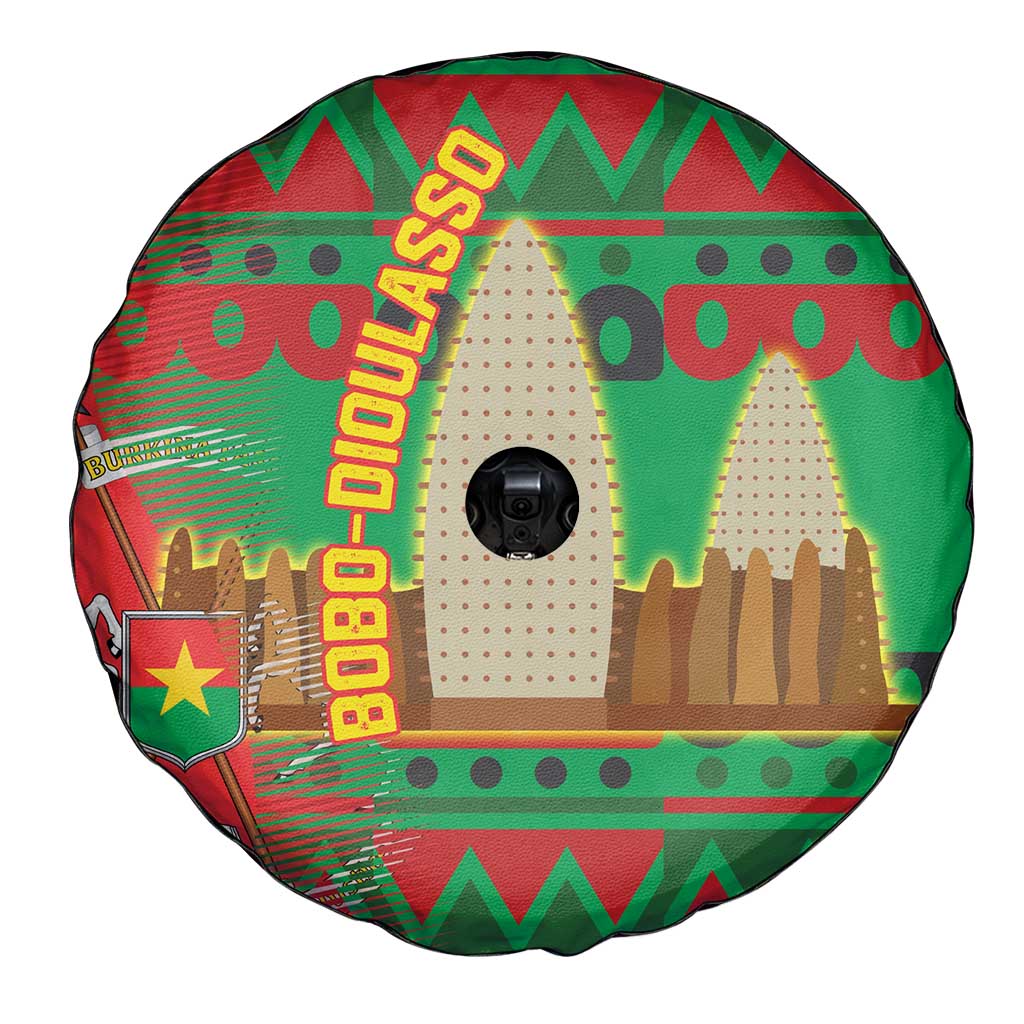 Burkina Faso Spare Tire Cover with Red Green Tribal Design and Bobo Dioulasso Landmark TS04