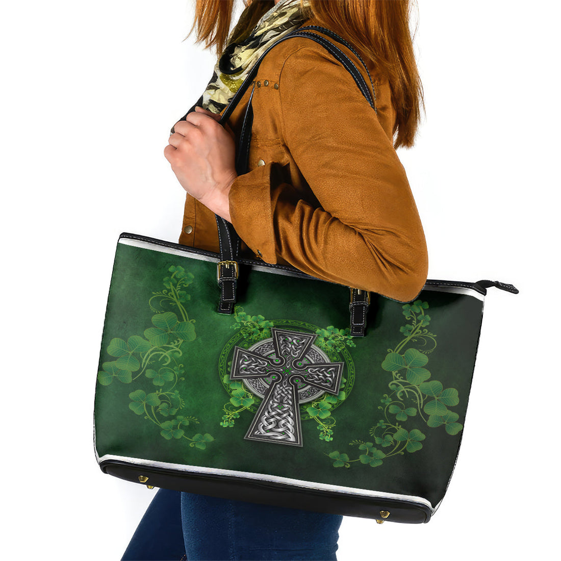 Irish Cross Mix With Shamrock Floral Leather Tote Bag TS04