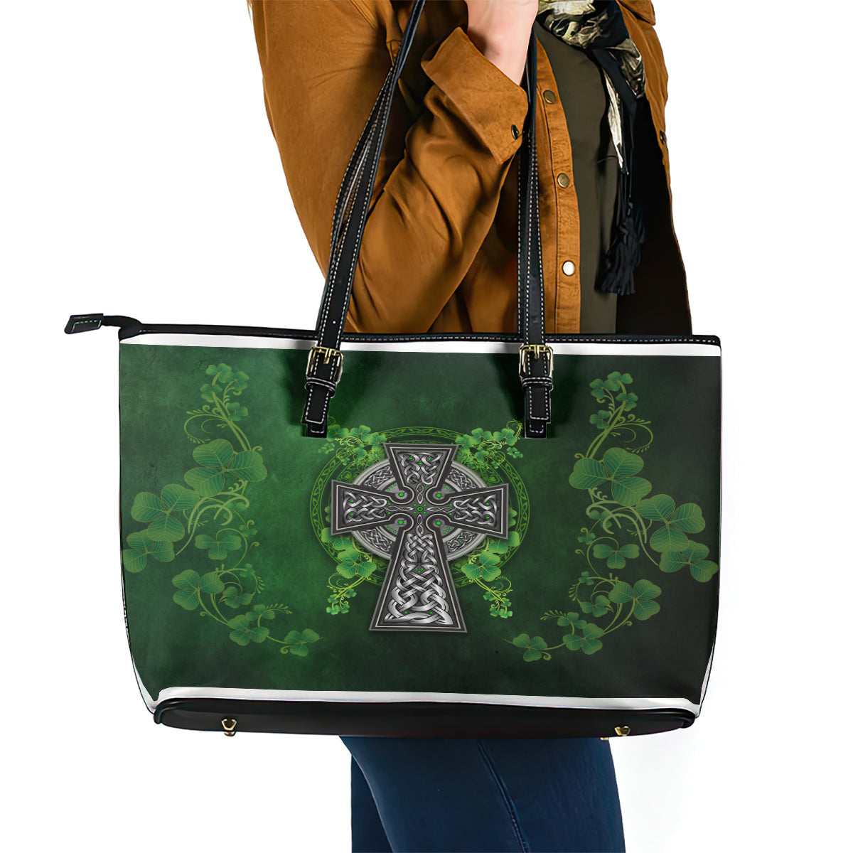 Irish Cross Mix With Shamrock Floral Leather Tote Bag TS04