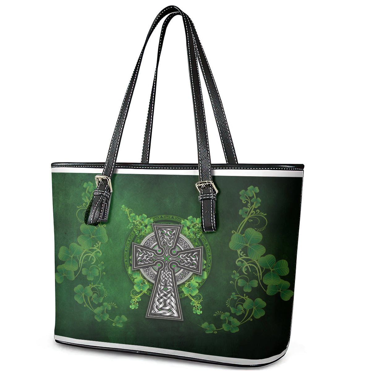 Irish Cross Mix With Shamrock Floral Leather Tote Bag TS04