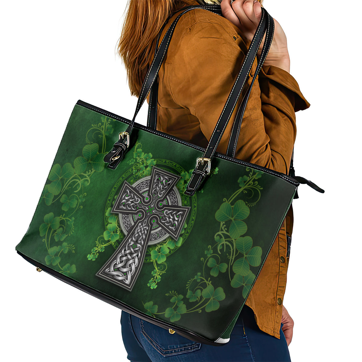Irish Cross Mix With Shamrock Floral Leather Tote Bag TS04