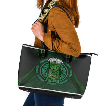 Beer Cup Pattern And Celtic Circle Green Leather Tote Bag TS04