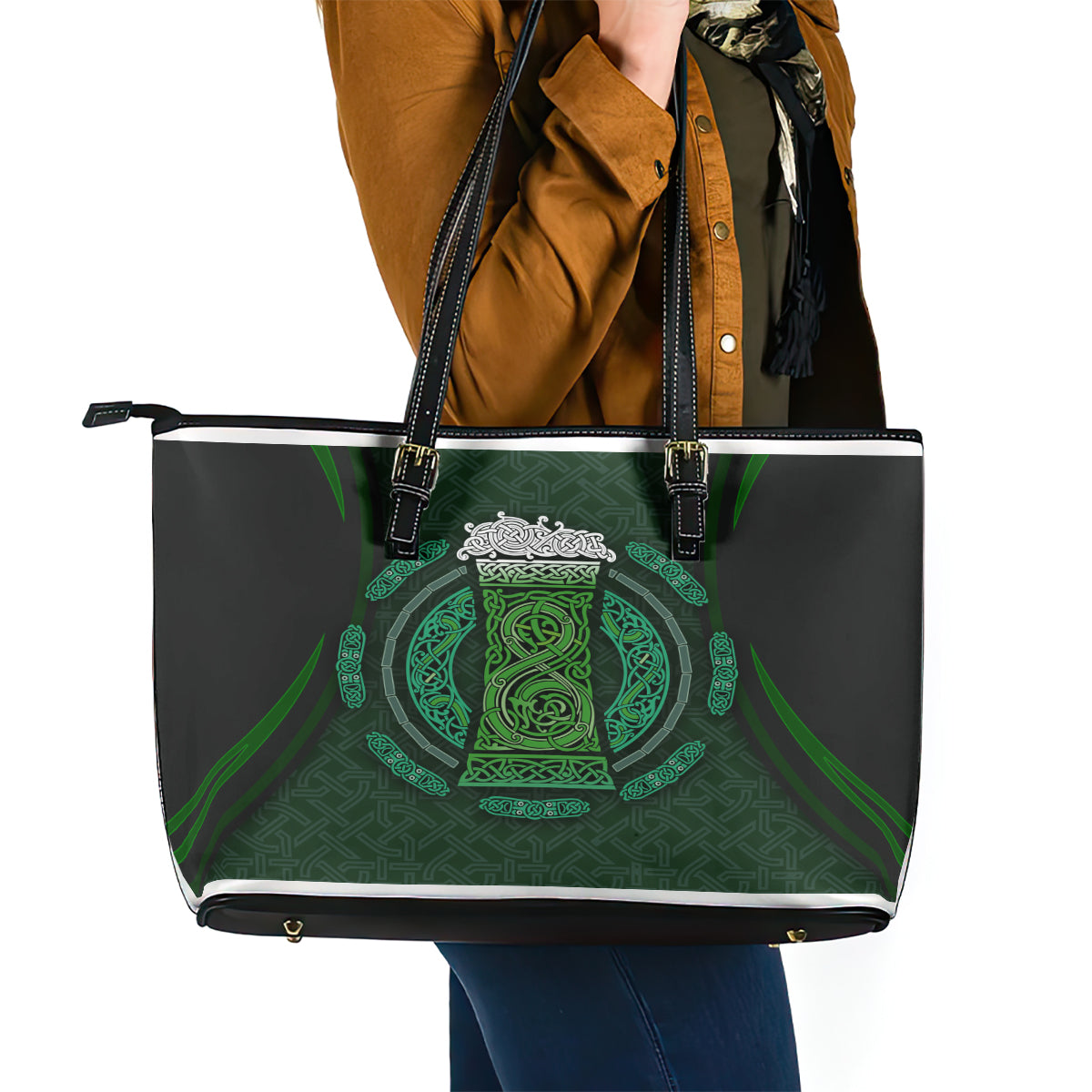 Beer Cup Pattern And Celtic Circle Green Leather Tote Bag TS04