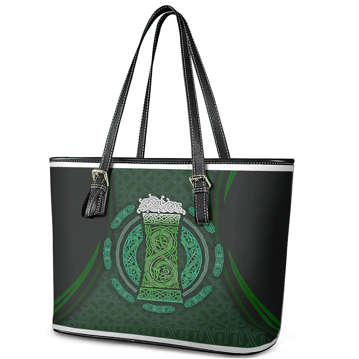 Beer Cup Pattern And Celtic Circle Green Leather Tote Bag TS04