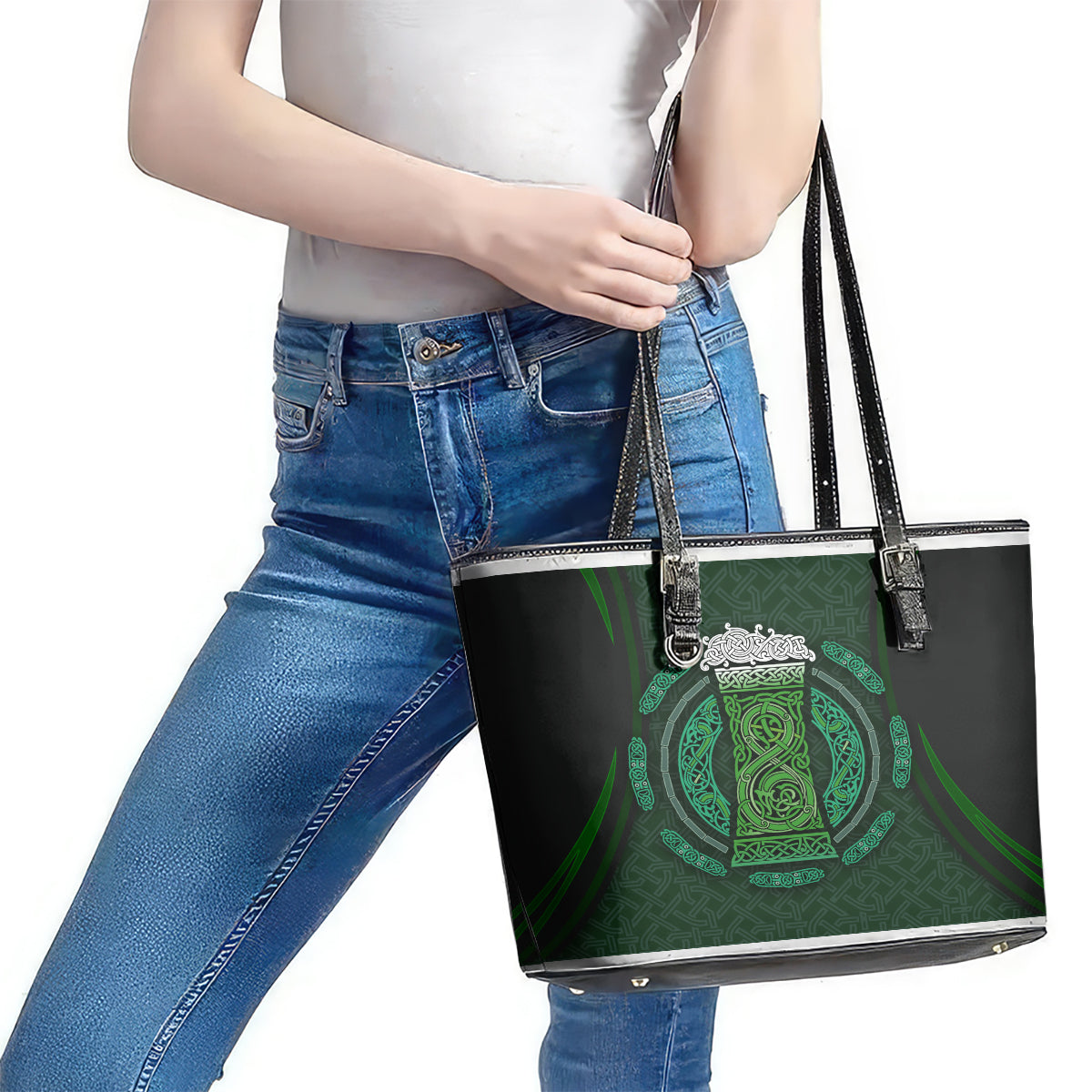 Beer Cup Pattern And Celtic Circle Green Leather Tote Bag TS04