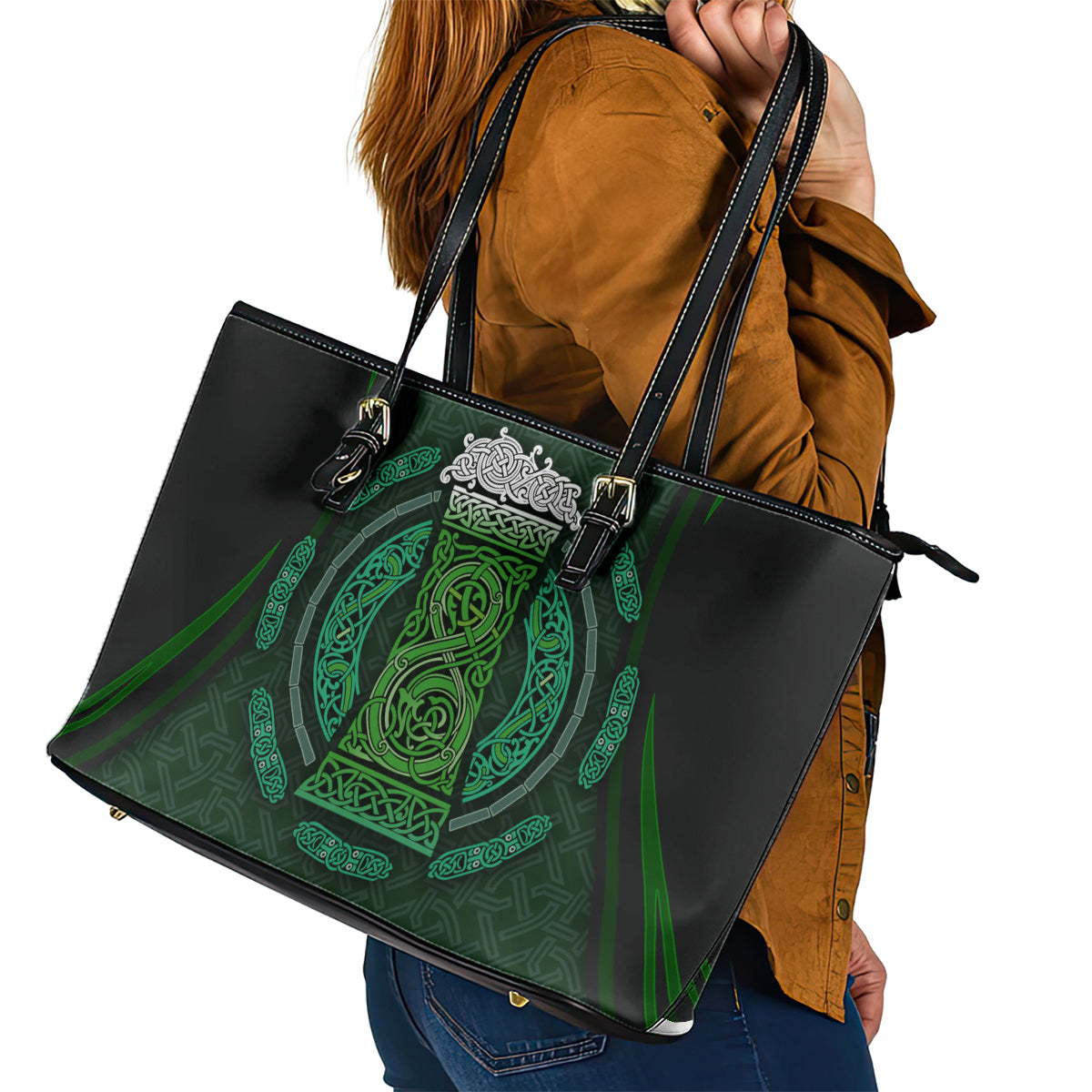 Beer Cup Pattern And Celtic Circle Green Leather Tote Bag TS04