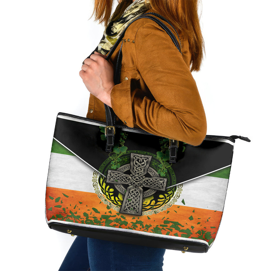 Irish Cross Mix With Shamrock Floral And Flag Leather Tote Bag TS04