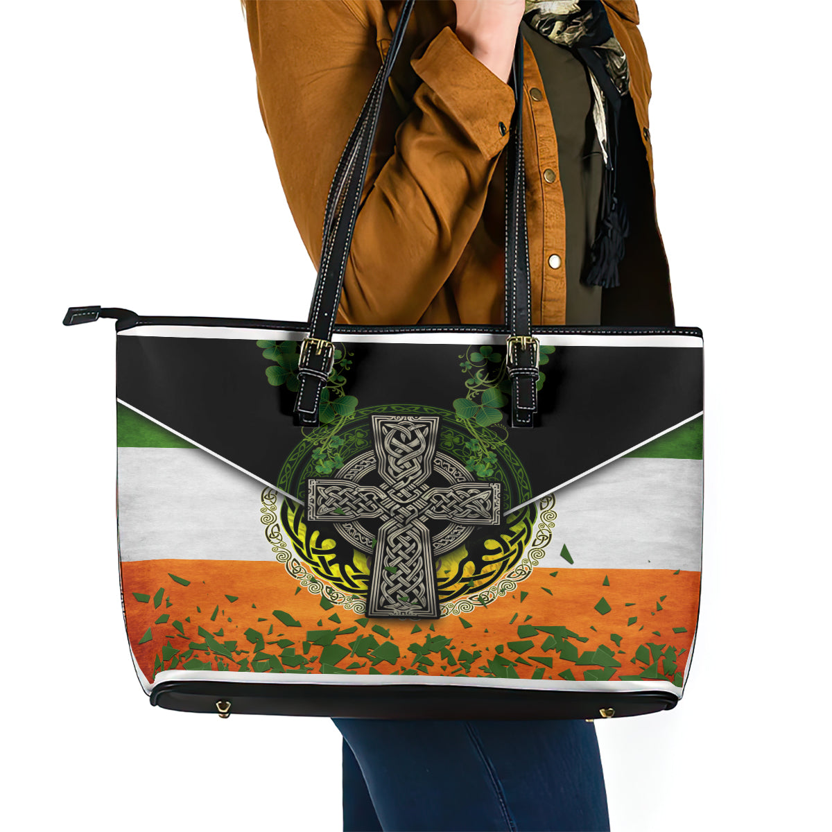 Irish Cross Mix With Shamrock Floral And Flag Leather Tote Bag TS04