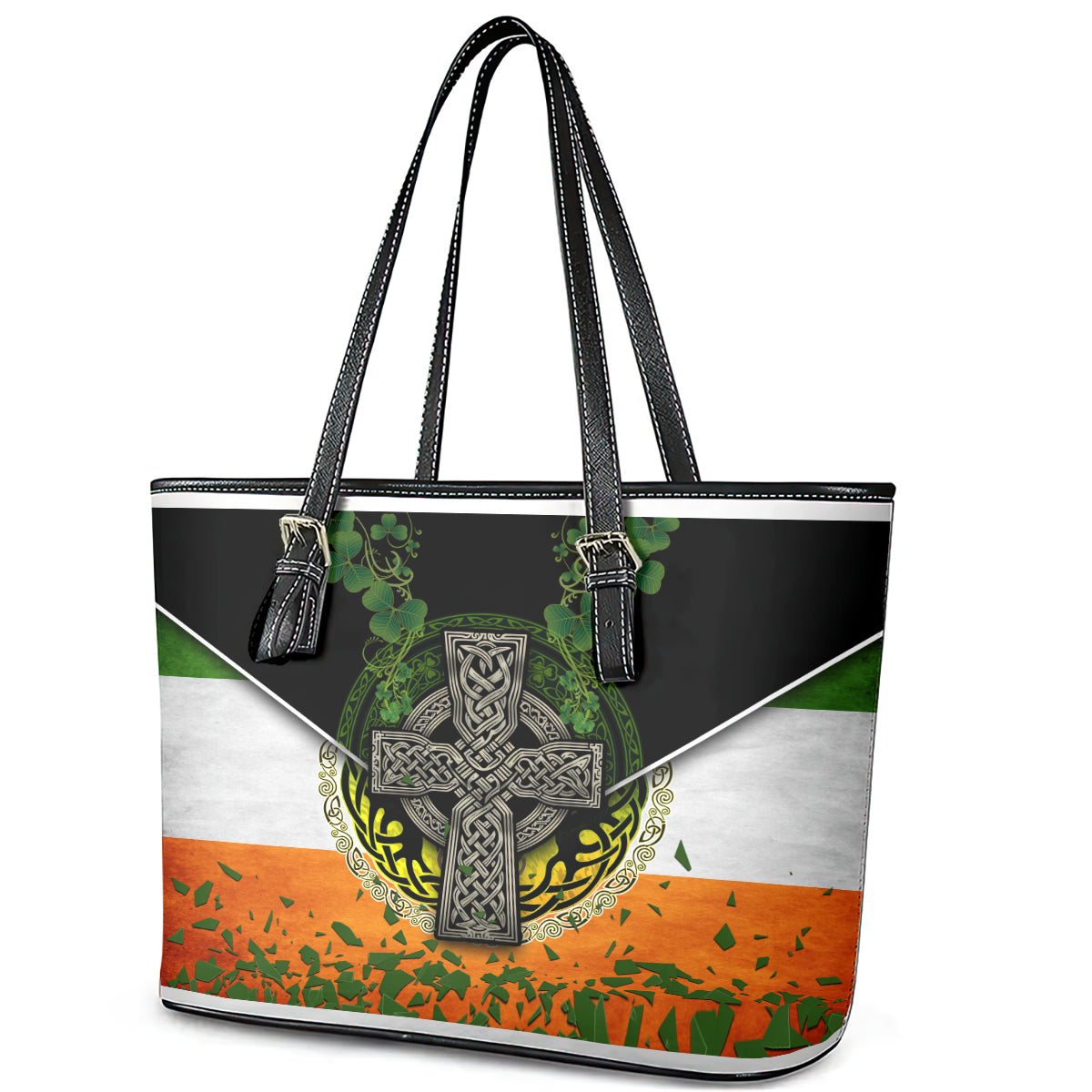 Irish Cross Mix With Shamrock Floral And Flag Leather Tote Bag TS04