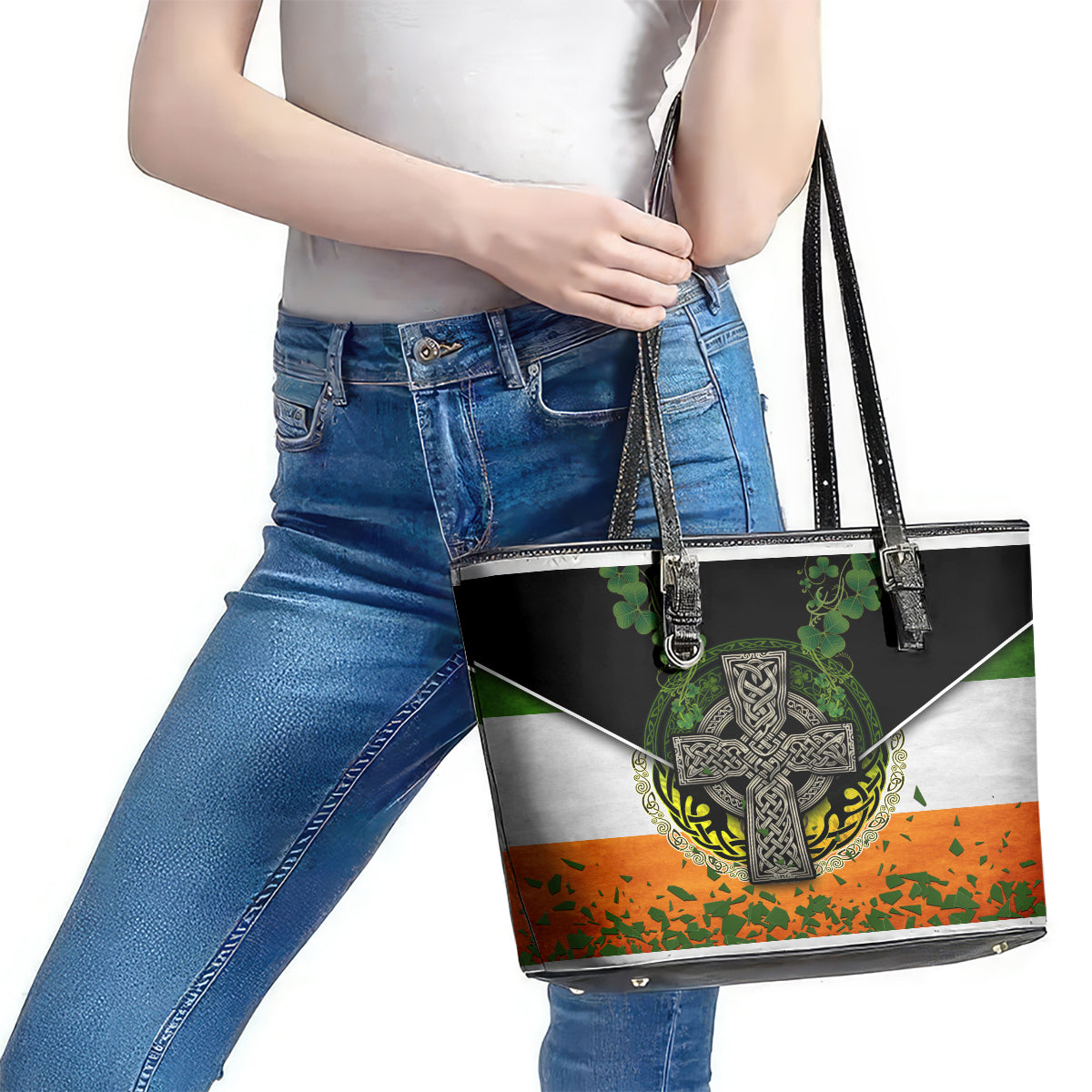 Irish Cross Mix With Shamrock Floral And Flag Leather Tote Bag TS04
