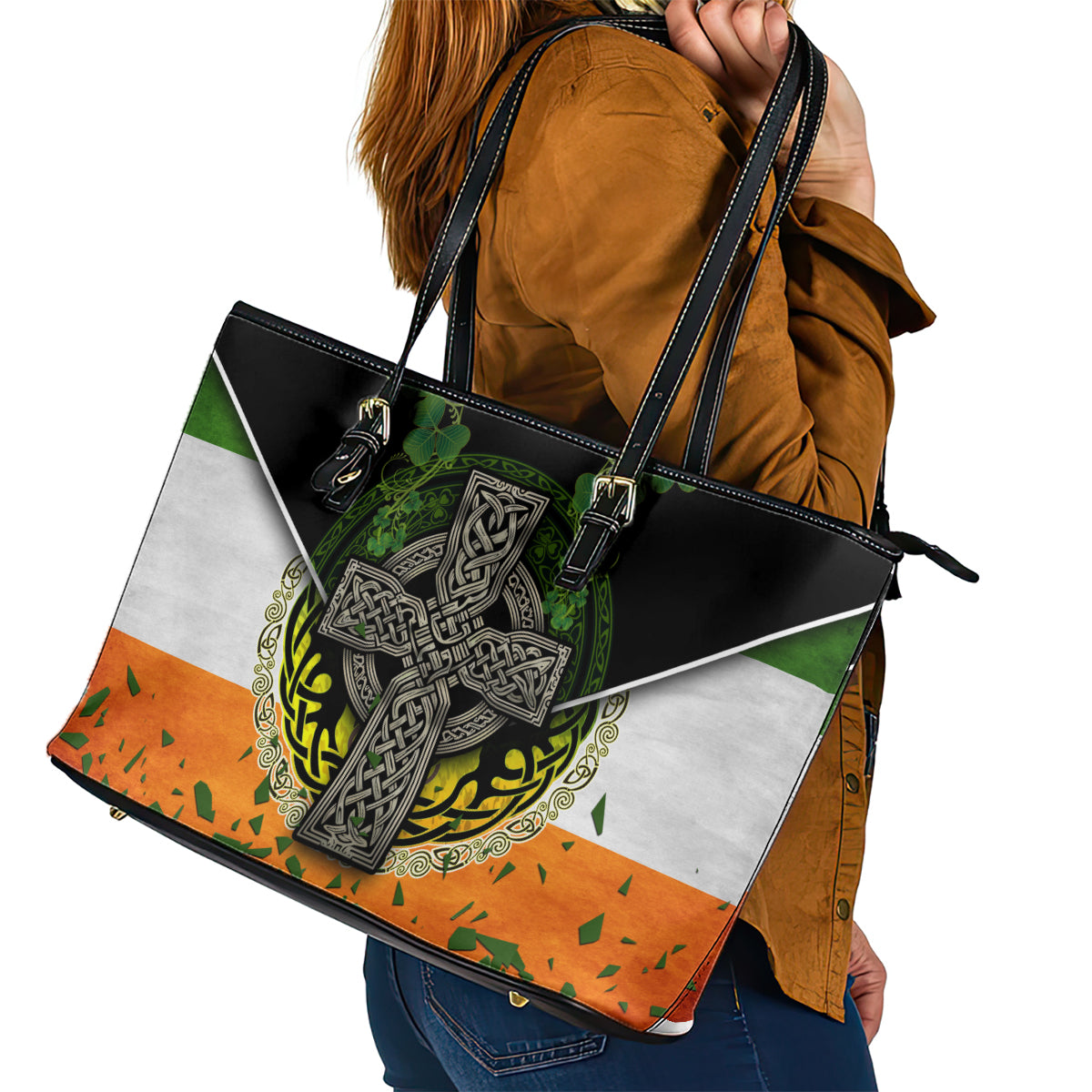 Irish Cross Mix With Shamrock Floral And Flag Leather Tote Bag TS04