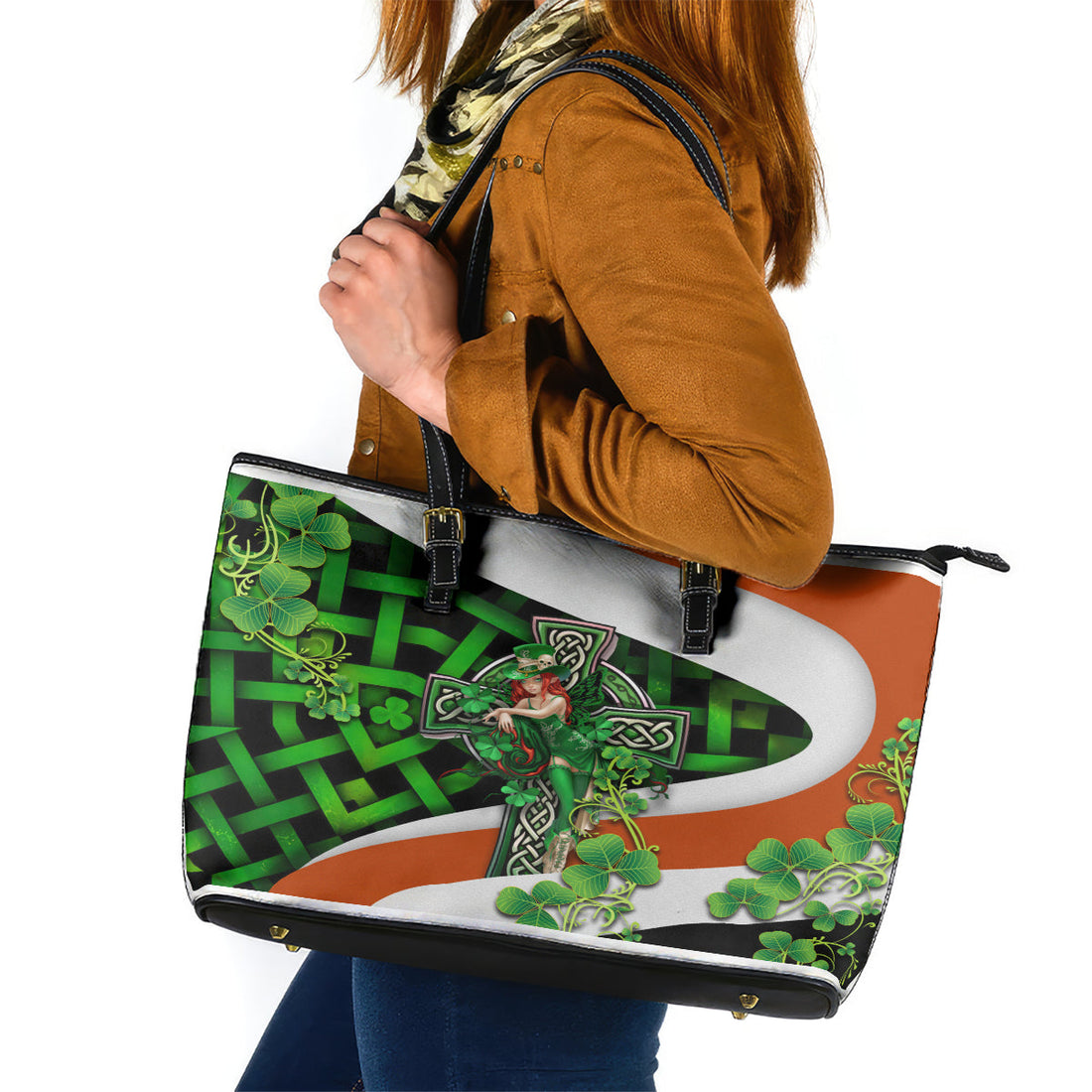 Patrick Day - Irish Cross - Lucky Girl Leather Tote Bag TS04