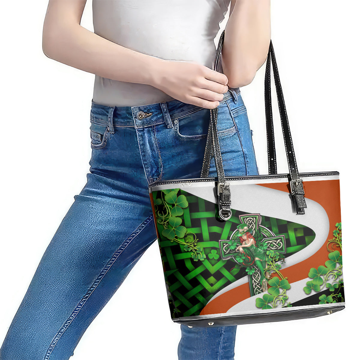Patrick Day - Irish Cross - Lucky Girl Leather Tote Bag TS04