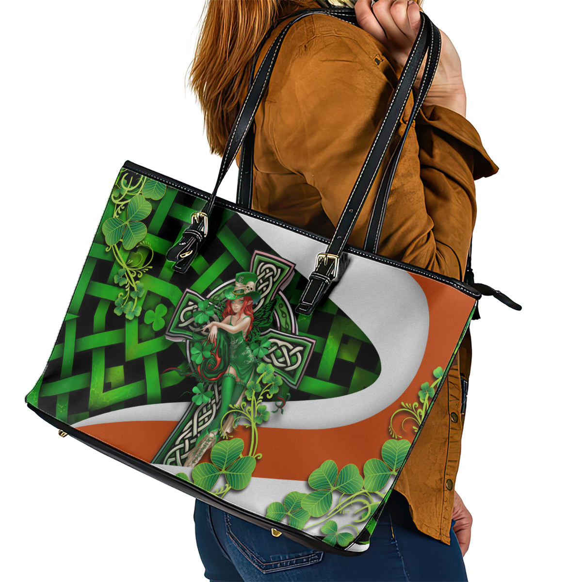 Patrick Day - Irish Cross - Lucky Girl Leather Tote Bag TS04