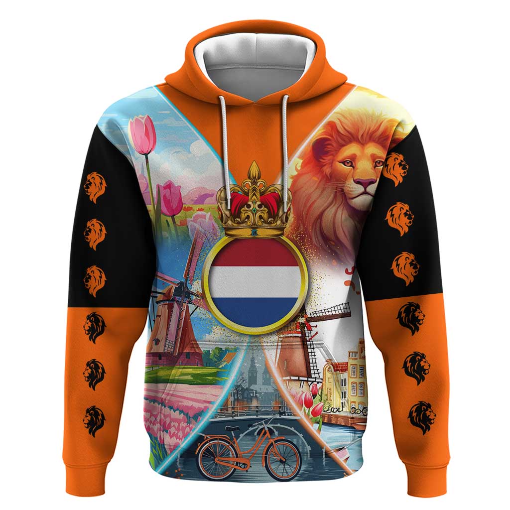 Dutch Lion Design Hoodie with Tulips Windmills Bicycles and Coat of Arms TS04