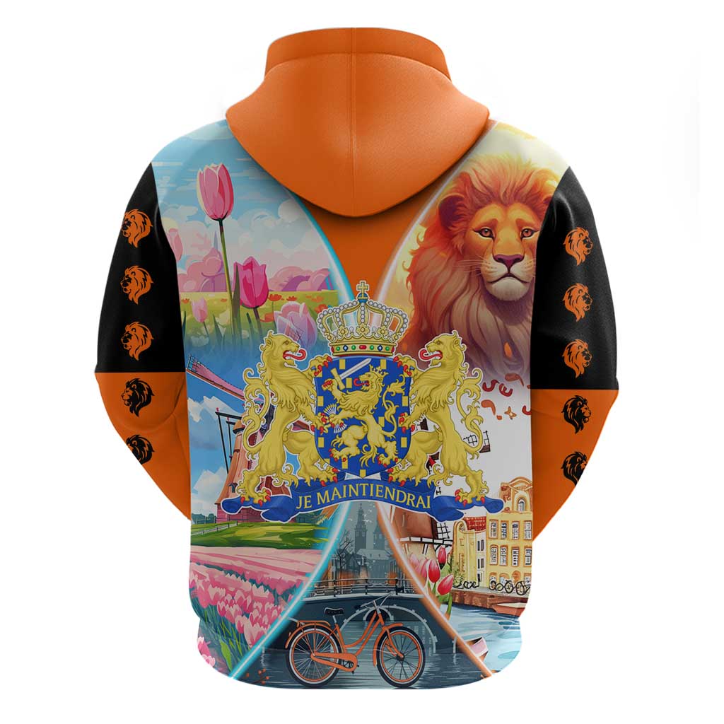 Dutch Lion Design Hoodie with Tulips Windmills Bicycles and Coat of Arms TS04