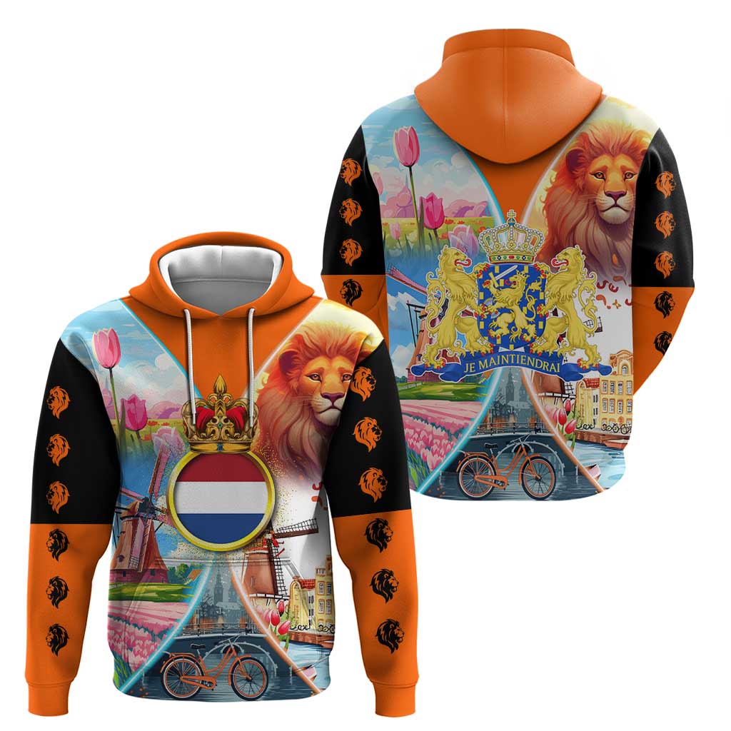 Dutch Lion Design Hoodie with Tulips Windmills Bicycles and Coat of Arms TS04