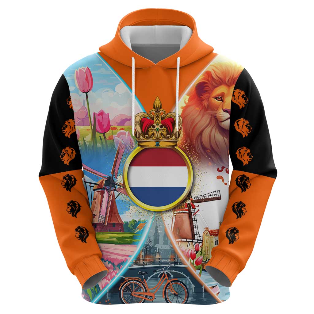 Dutch Lion Design Hoodie with Tulips Windmills Bicycles and Coat of Arms TS04