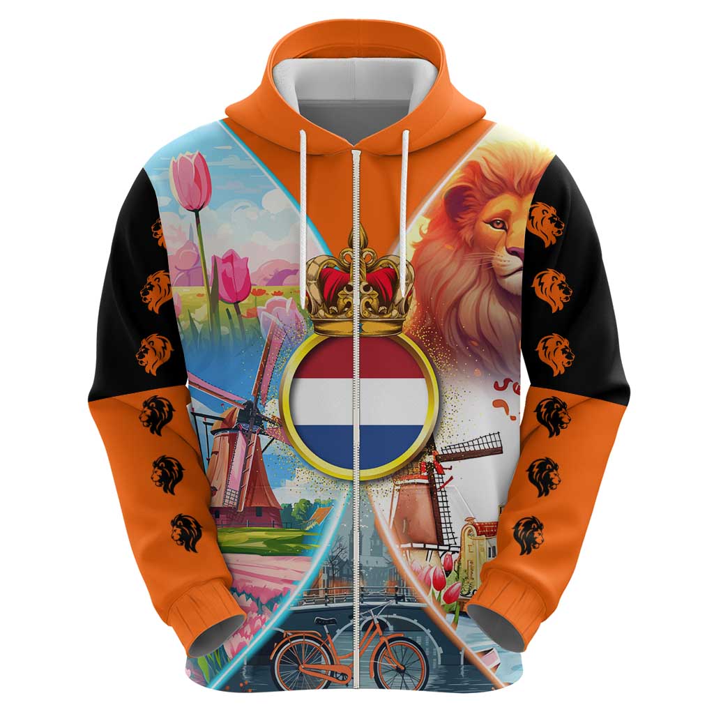 Dutch Lion Design Hoodie with Tulips Windmills Bicycles and Coat of Arms TS04