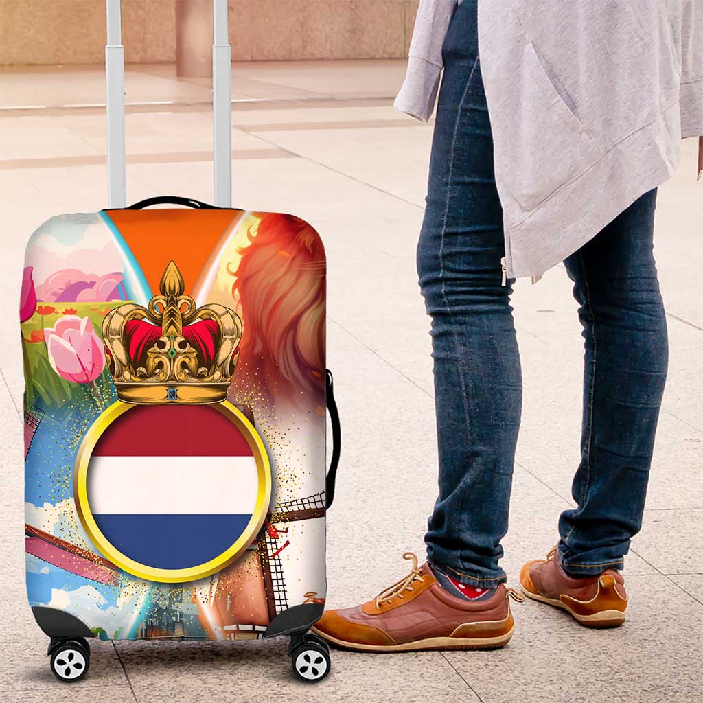Dutch Lion Design Luggage Cover with Tulips Windmills Bicycles and Coat of Arms TS04