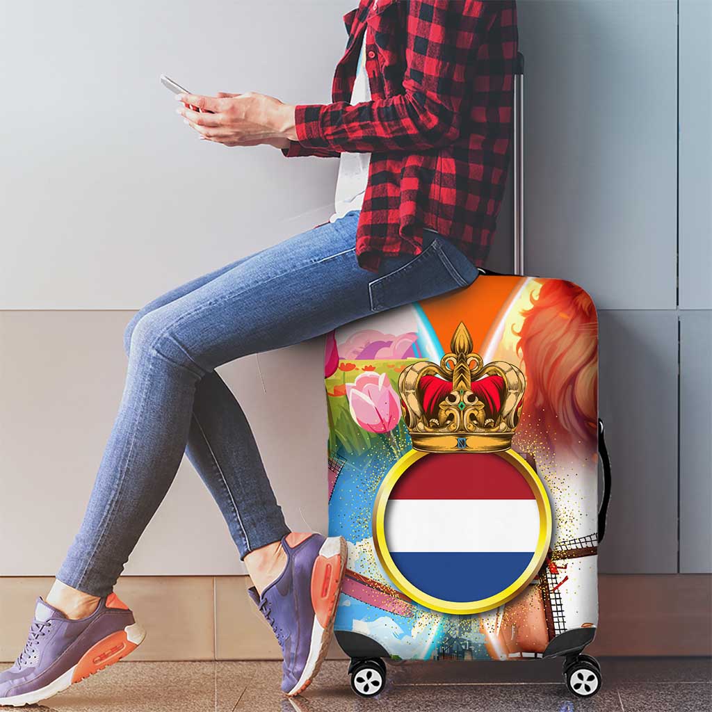 Dutch Lion Design Luggage Cover with Tulips Windmills Bicycles and Coat of Arms TS04