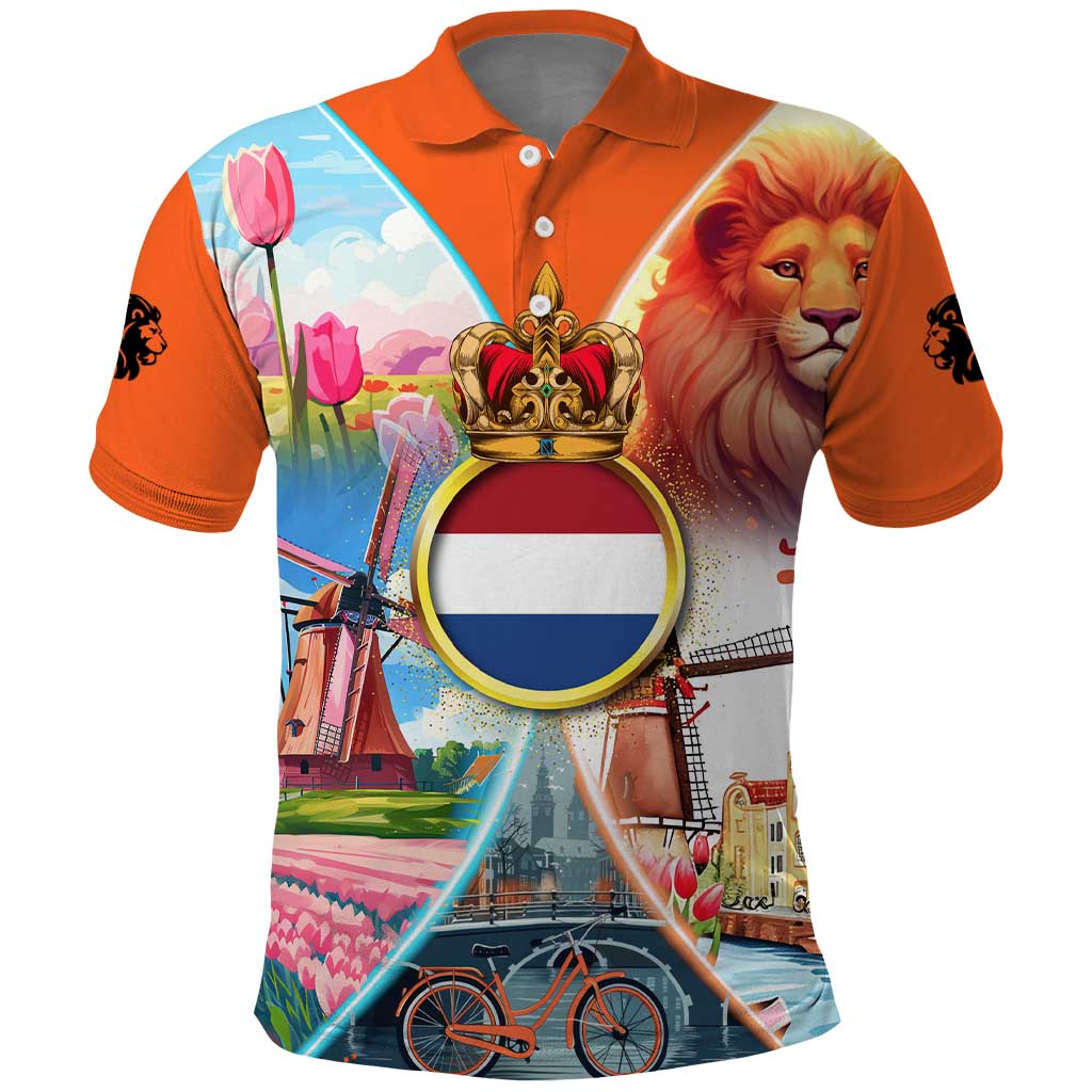 Dutch Lion Design Polo Shirt with Tulips Windmills Bicycles and Coat of Arms TS04
