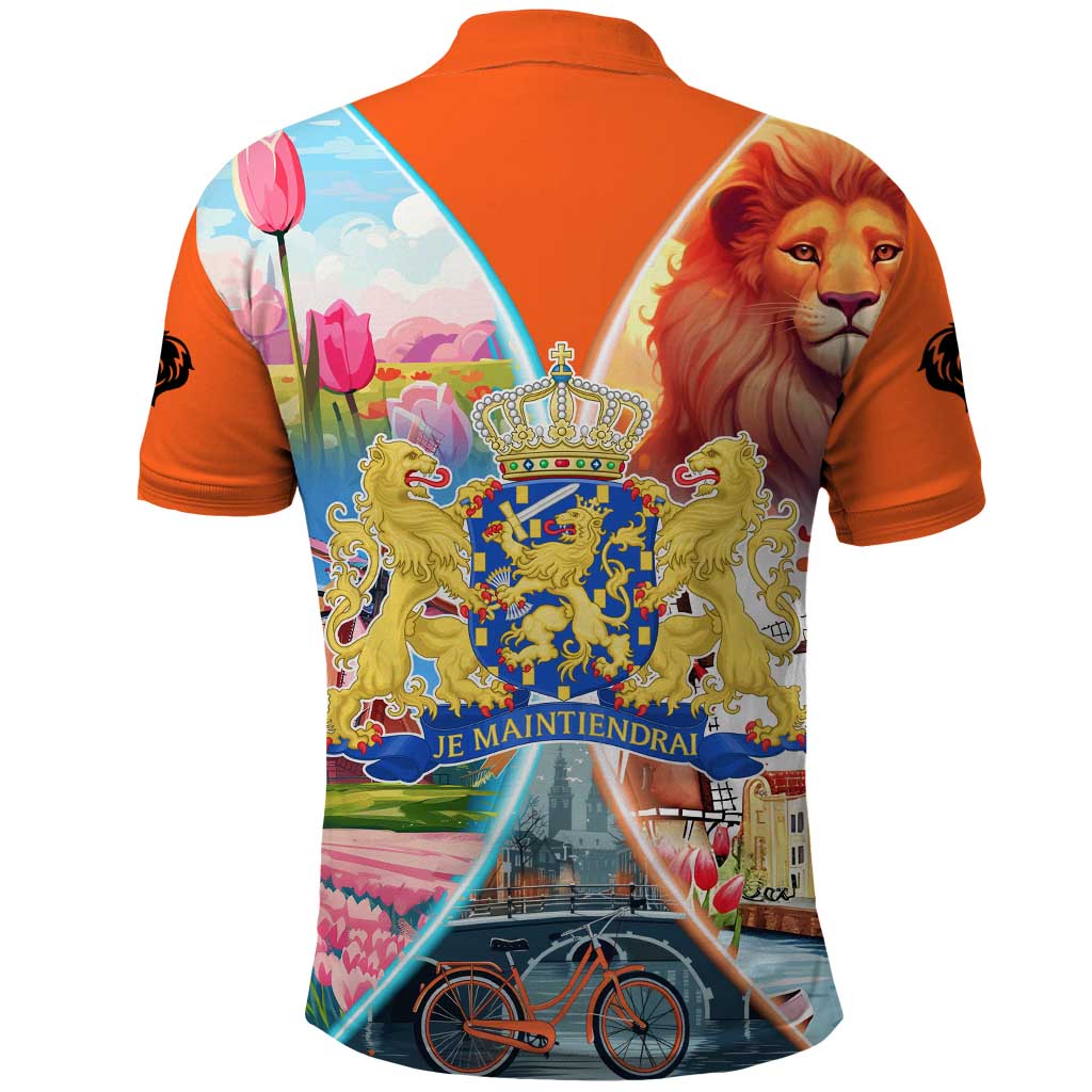 Dutch Lion Design Polo Shirt with Tulips Windmills Bicycles and Coat of Arms TS04
