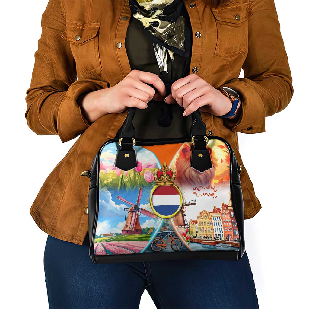 Dutch Lion Design Shoulder Handbag with Tulips Windmills Bicycles and Coat of Arms TS04